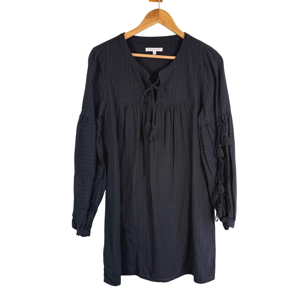 Rebecca Minkoff Dolly Mini Dress L Navy Tassel Balloon Sleeve Boho Peasant Chic